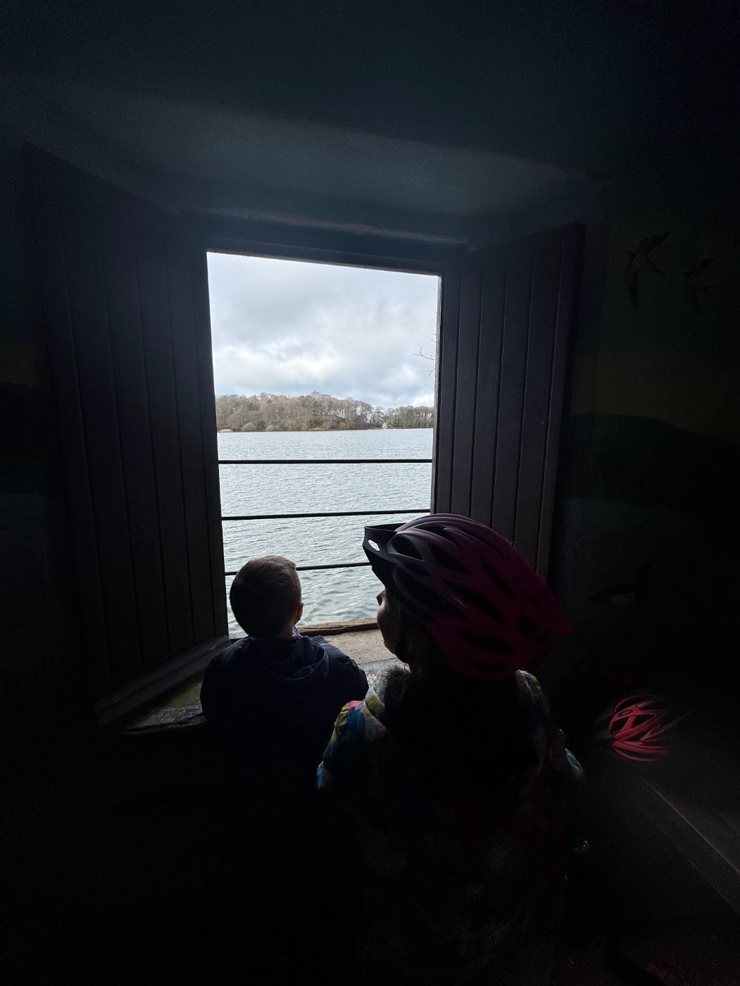 Two children in silhouette, one in a bike helmet, looking out of an open window over the water of Talkin Tarn.